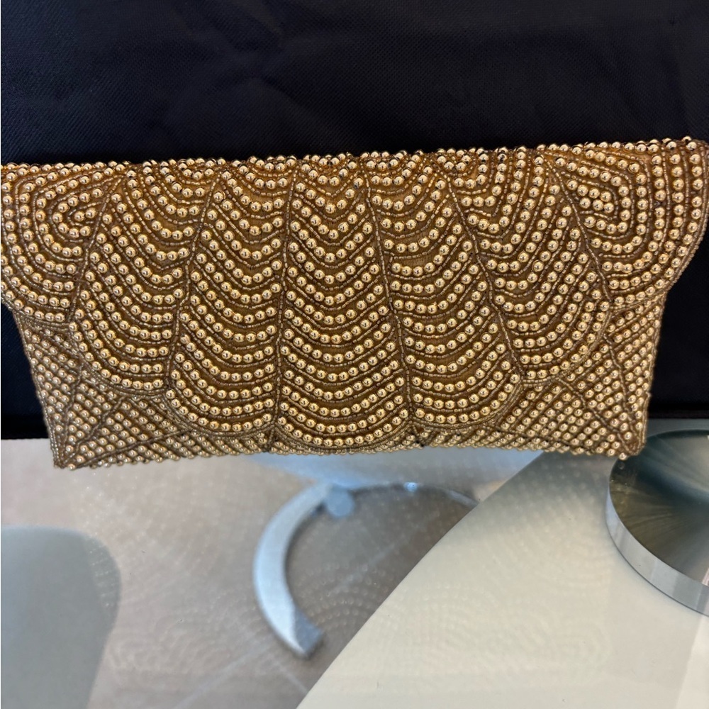 Elegant Gold Beaded Evening Clutch With Crossbody.